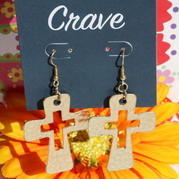 Boho Earrings Hammered Cross Dangles Goldtone - Picture 1 of 4